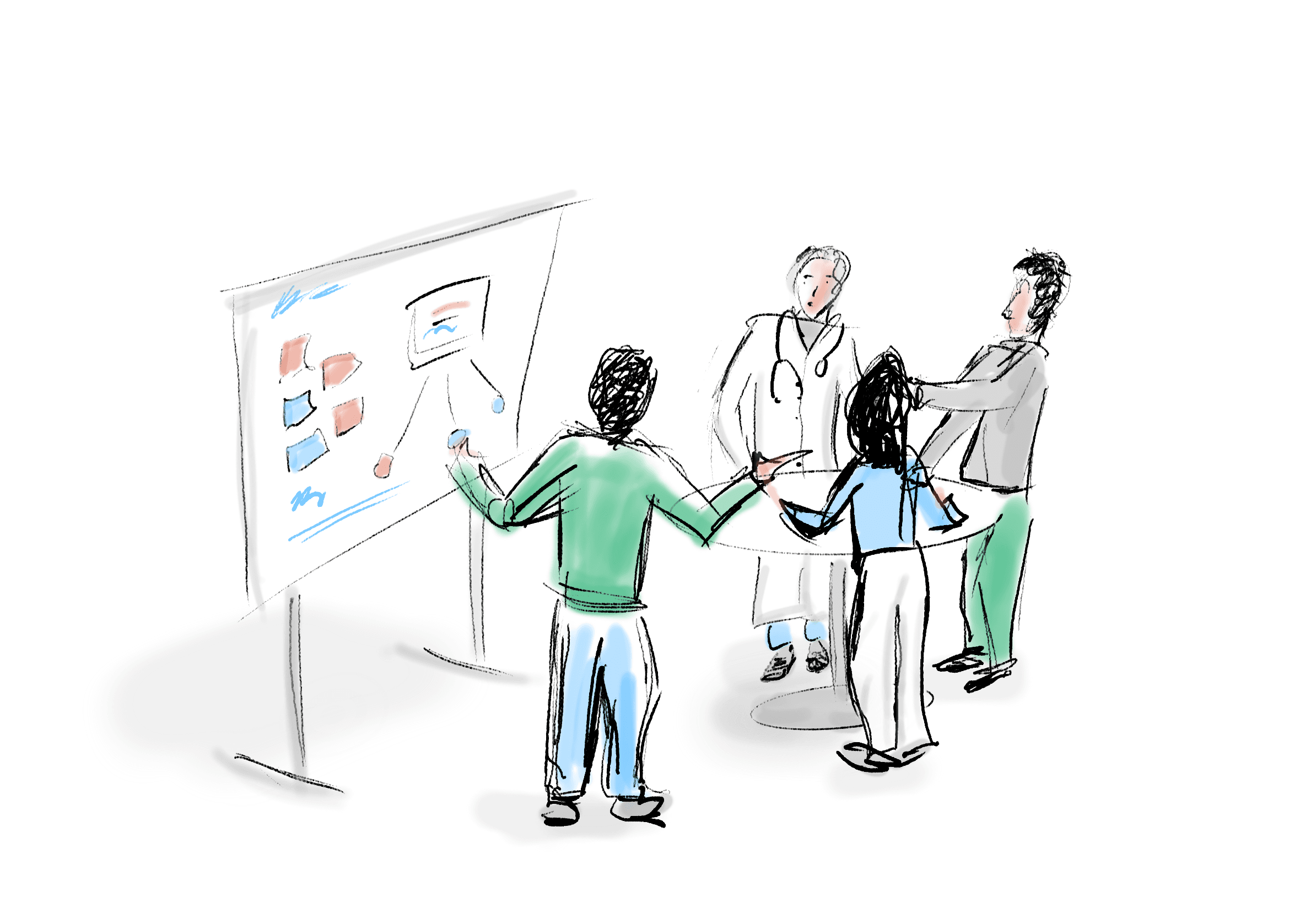 Illustration von Menschen und einem Arzt die gemeinsam diskutieren