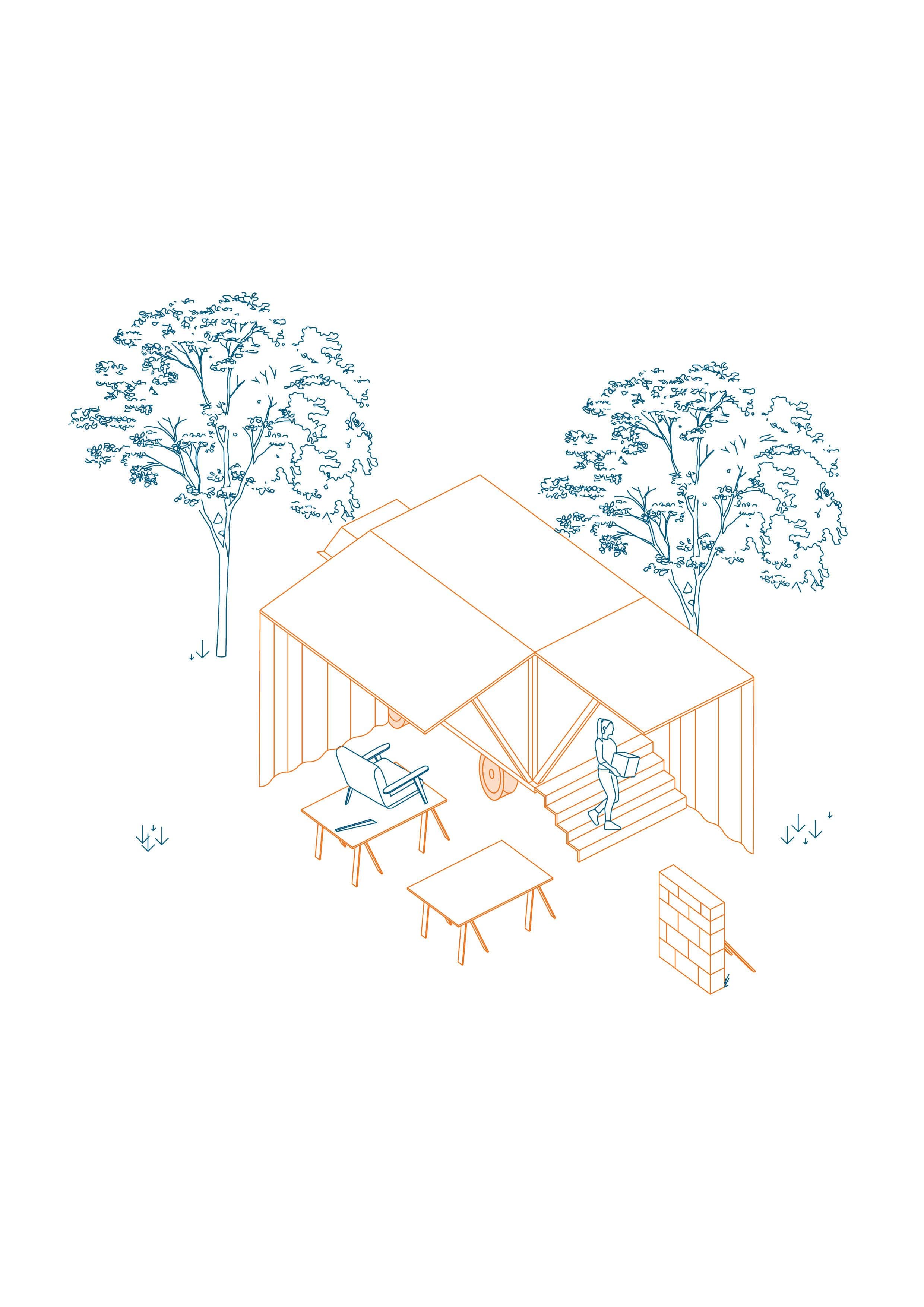 Eine Illustration zeigt eine Werkstatt im Grünen.