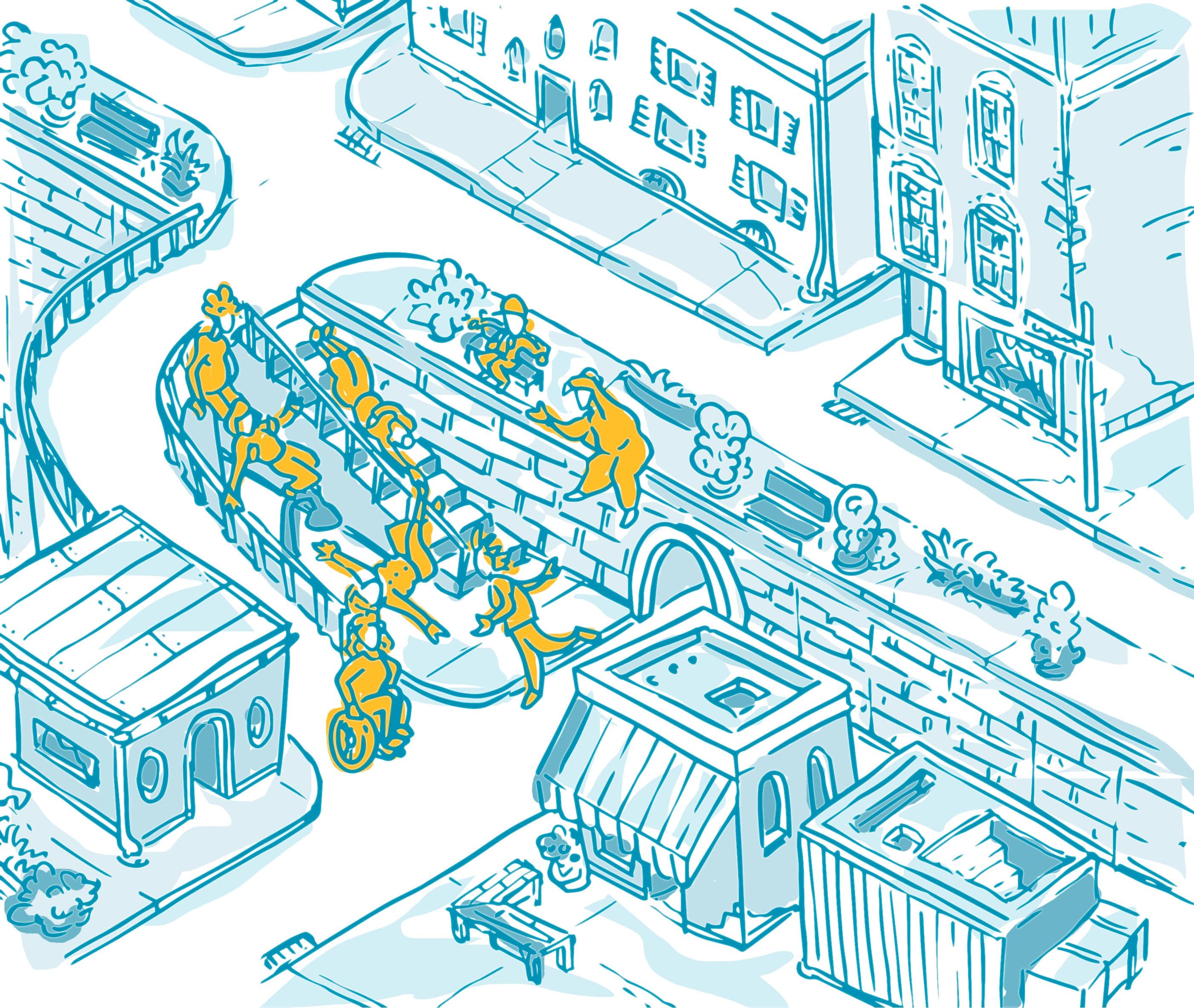 Menschen befinden sich auf der Straße und versuchen Treppen runter zu gehen 