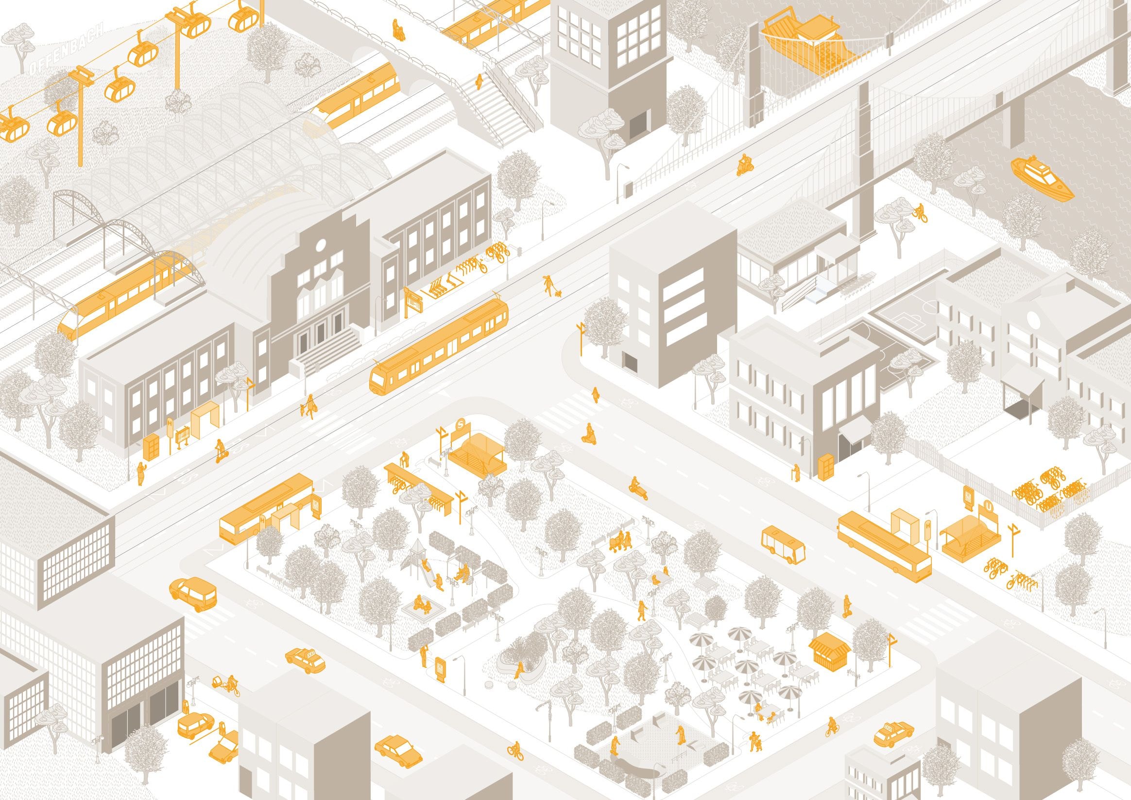 Illustration einer Stadt mit ihren unterschiedlichen Arten der Mobilität