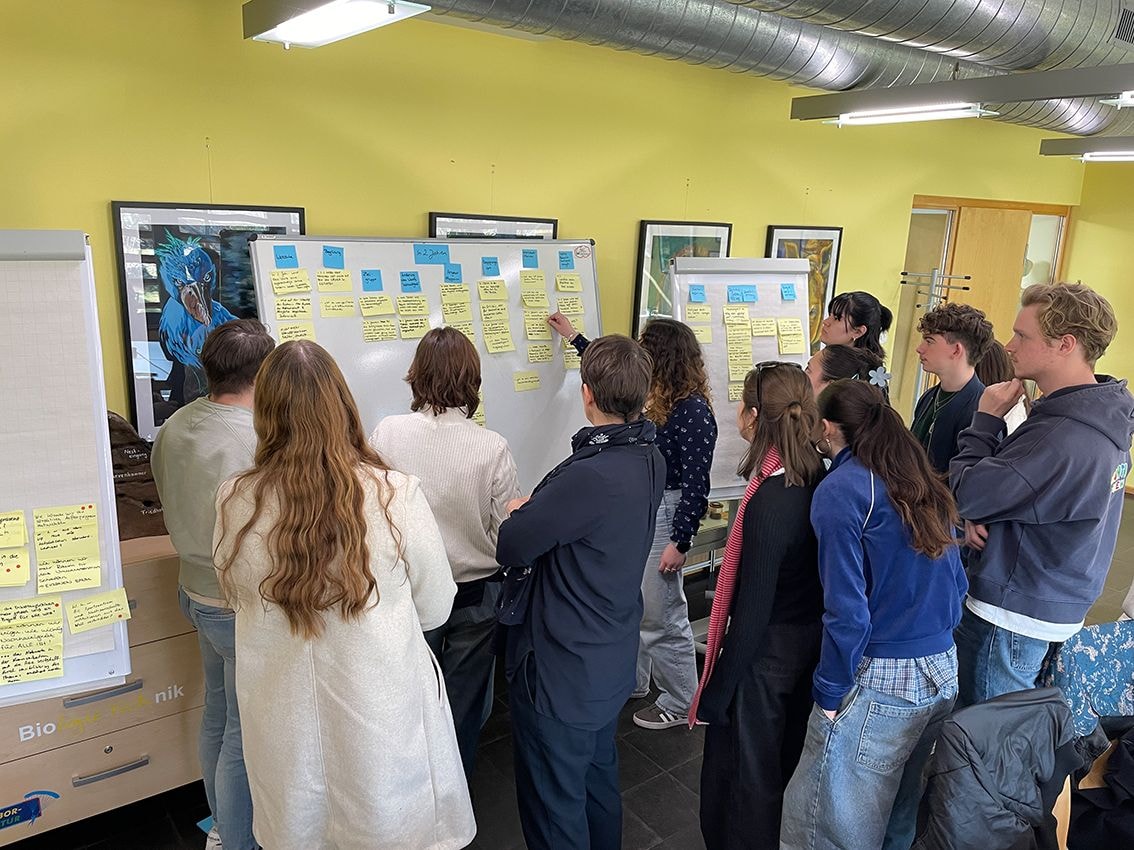 In einem Raum stehen verschiedene Leute vor einem Whiteboard, an dem Sticky Notes angeklebt sind.