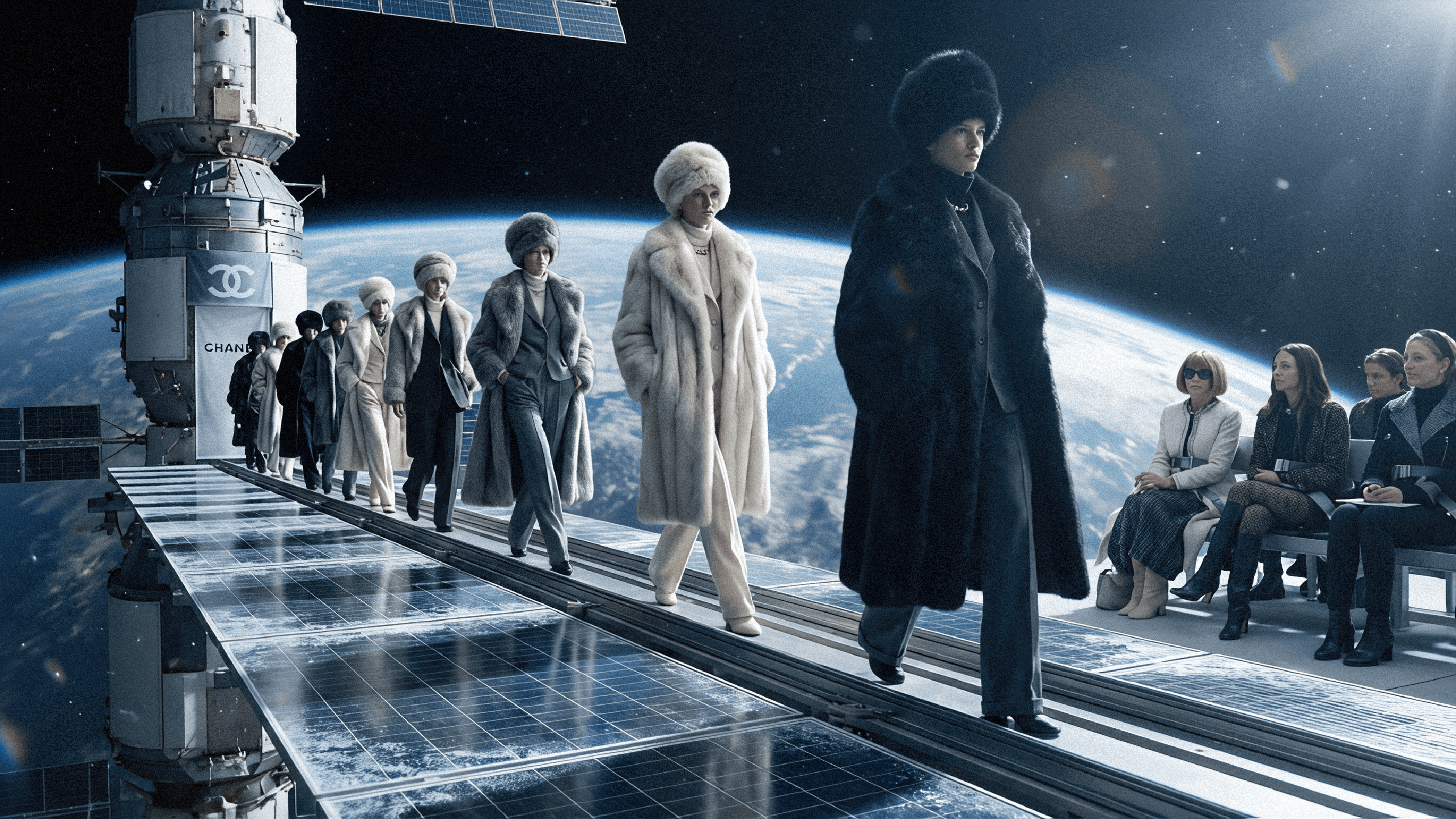 Ein KI-generiertes Bild von Menschen in dicken Pelzmänteln, die auf einem virtuellen Laufsteg im All gehen. 