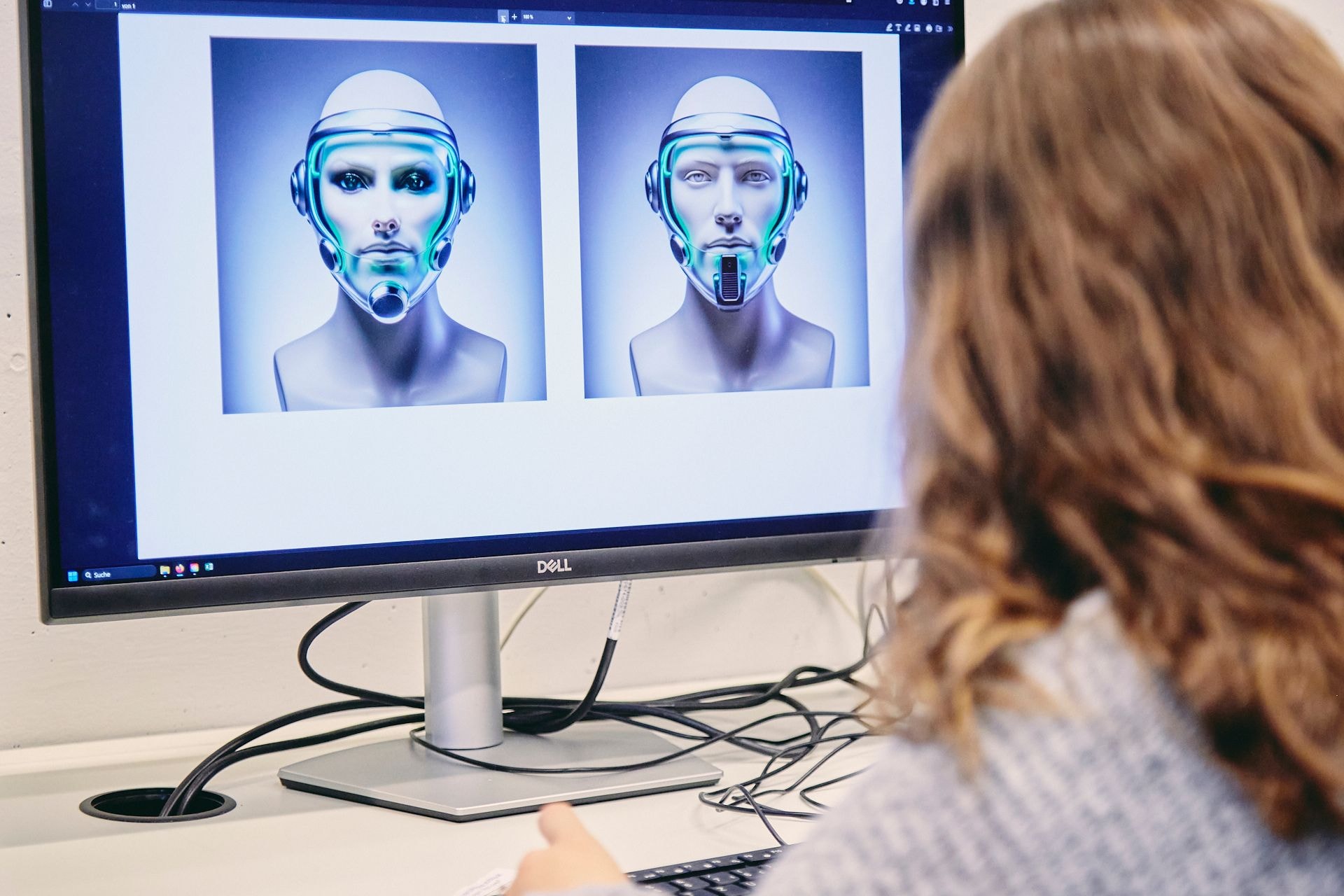 Eine Frau beschäftigt sich an einem Computerbildschirm mit künstlich visualisierten Köpfen