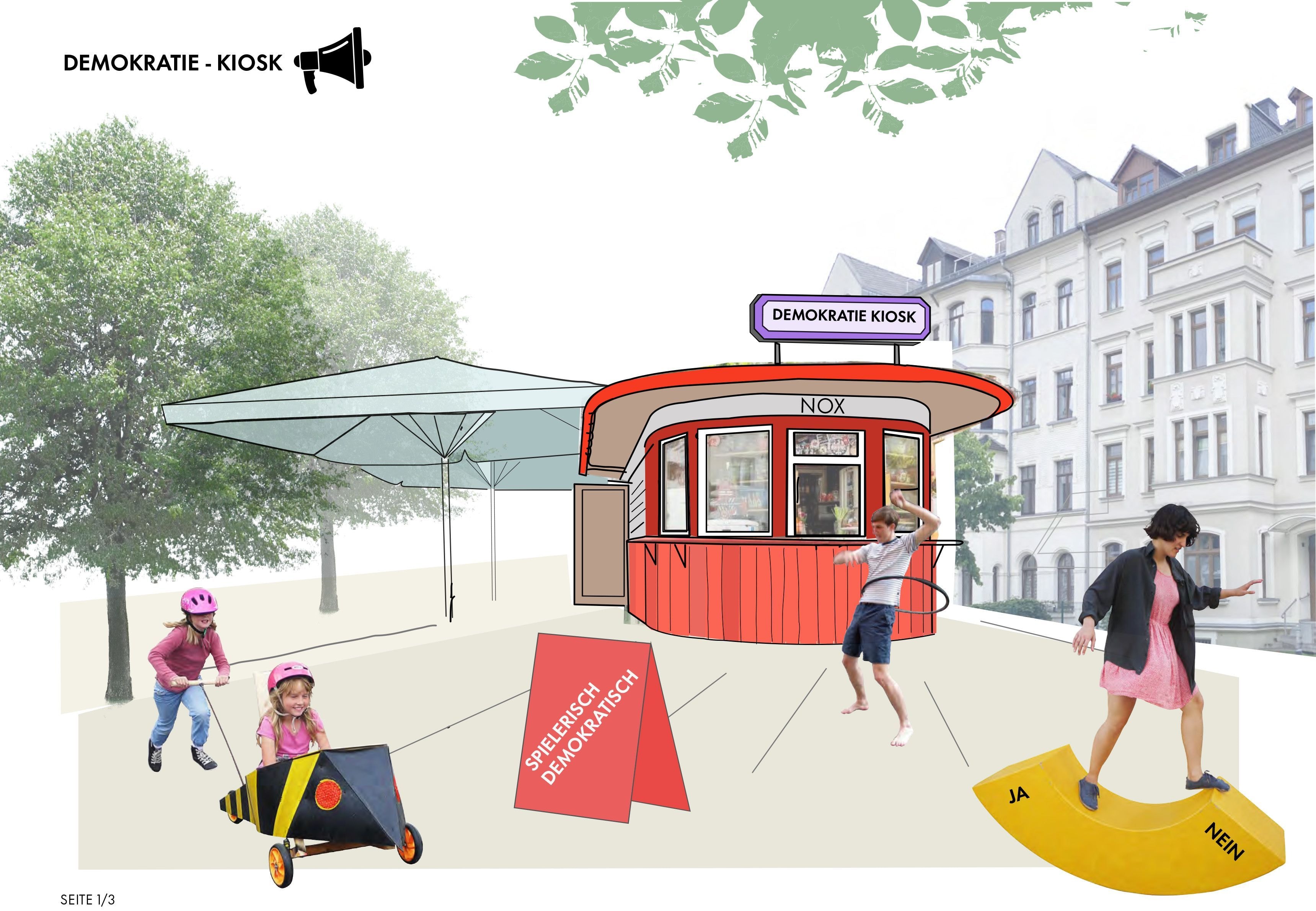 Der Demokratie Kiosk steht auf einem belebten Platz, welcher von Bäumen und Häusern umgeben ist.