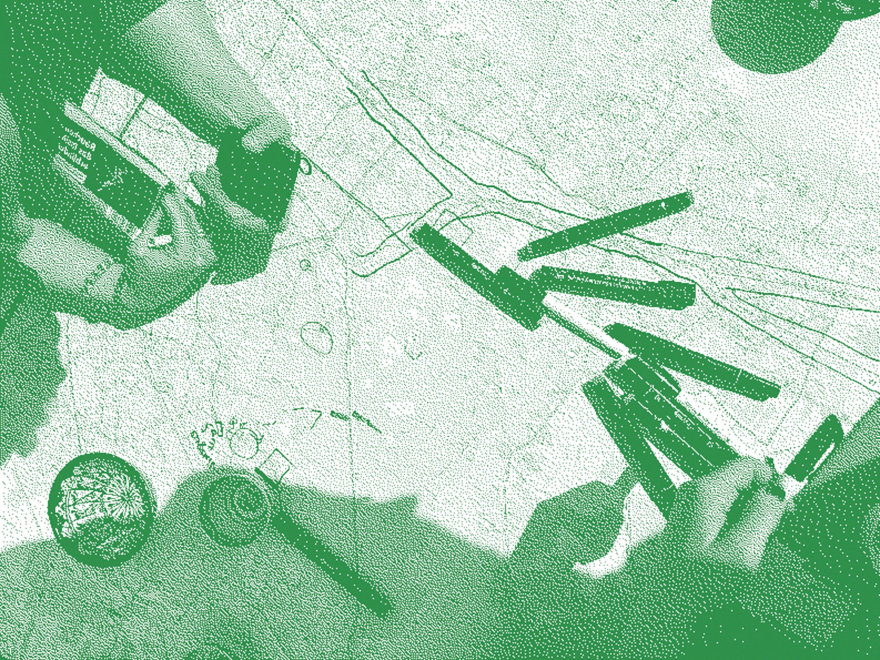 Zu sehen ist ein grün gefärbtes, stark gerastertes Foto, welches Hände und andere Gegenstände zeigt.