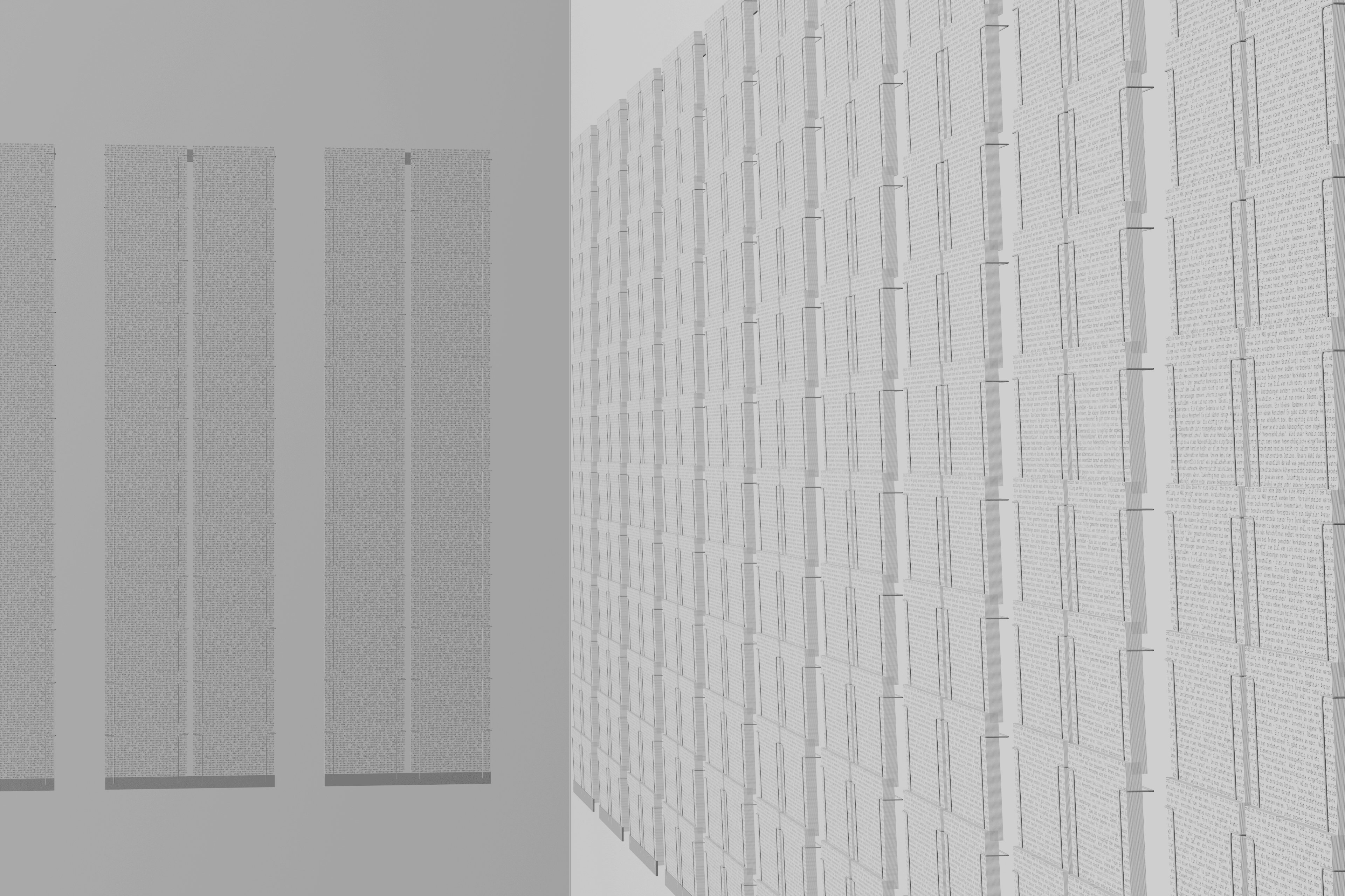 Mattis Kuhn, Visualisierung für „Free Writing (Takeaway)“, 2026, Installation mit 10.000 Postkarten mit individuellen Texten und 21 Wandhaltern für Postkarten