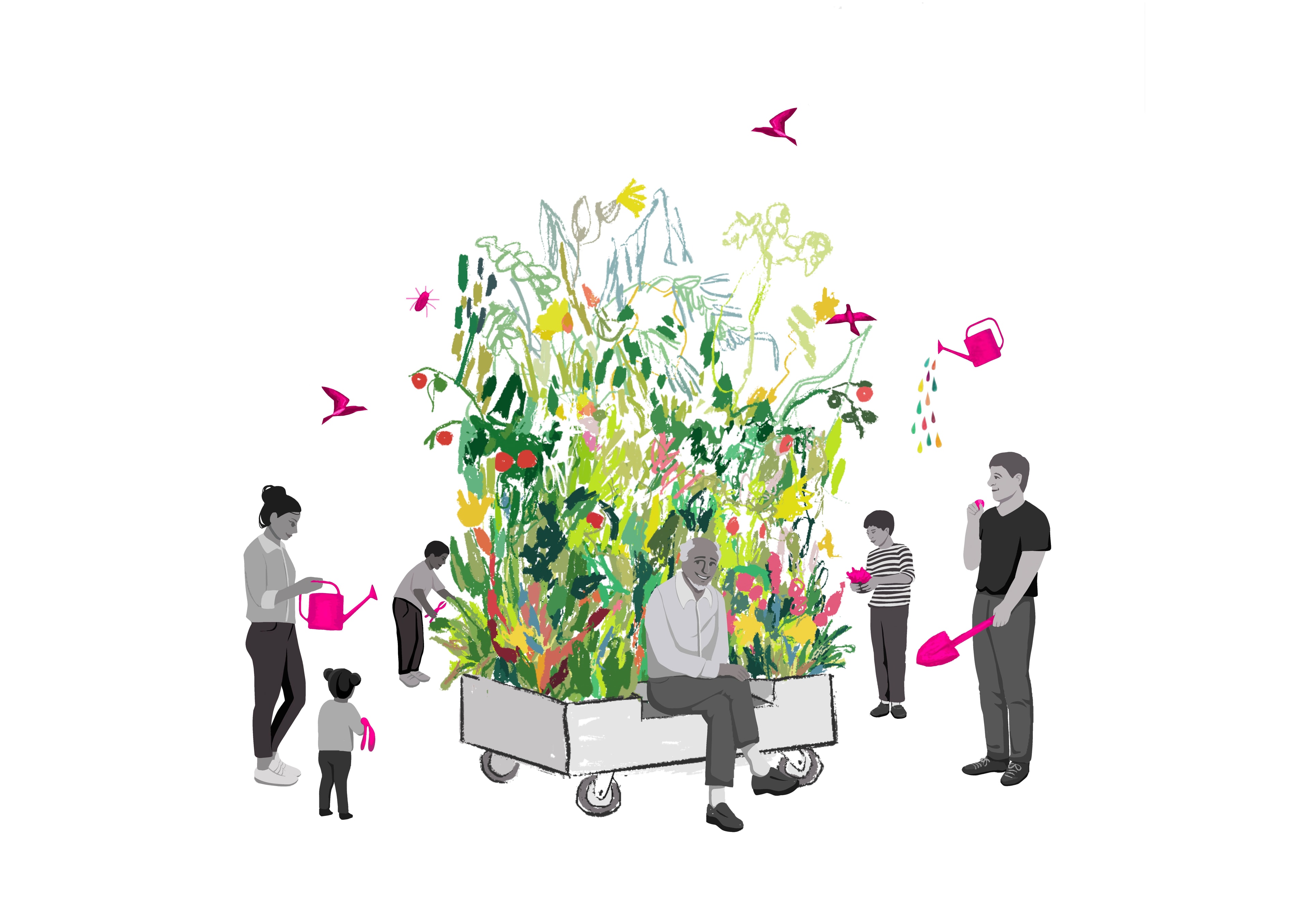 Illustration eines mobilen Gartens, an dem sich die Menschen treffen können
