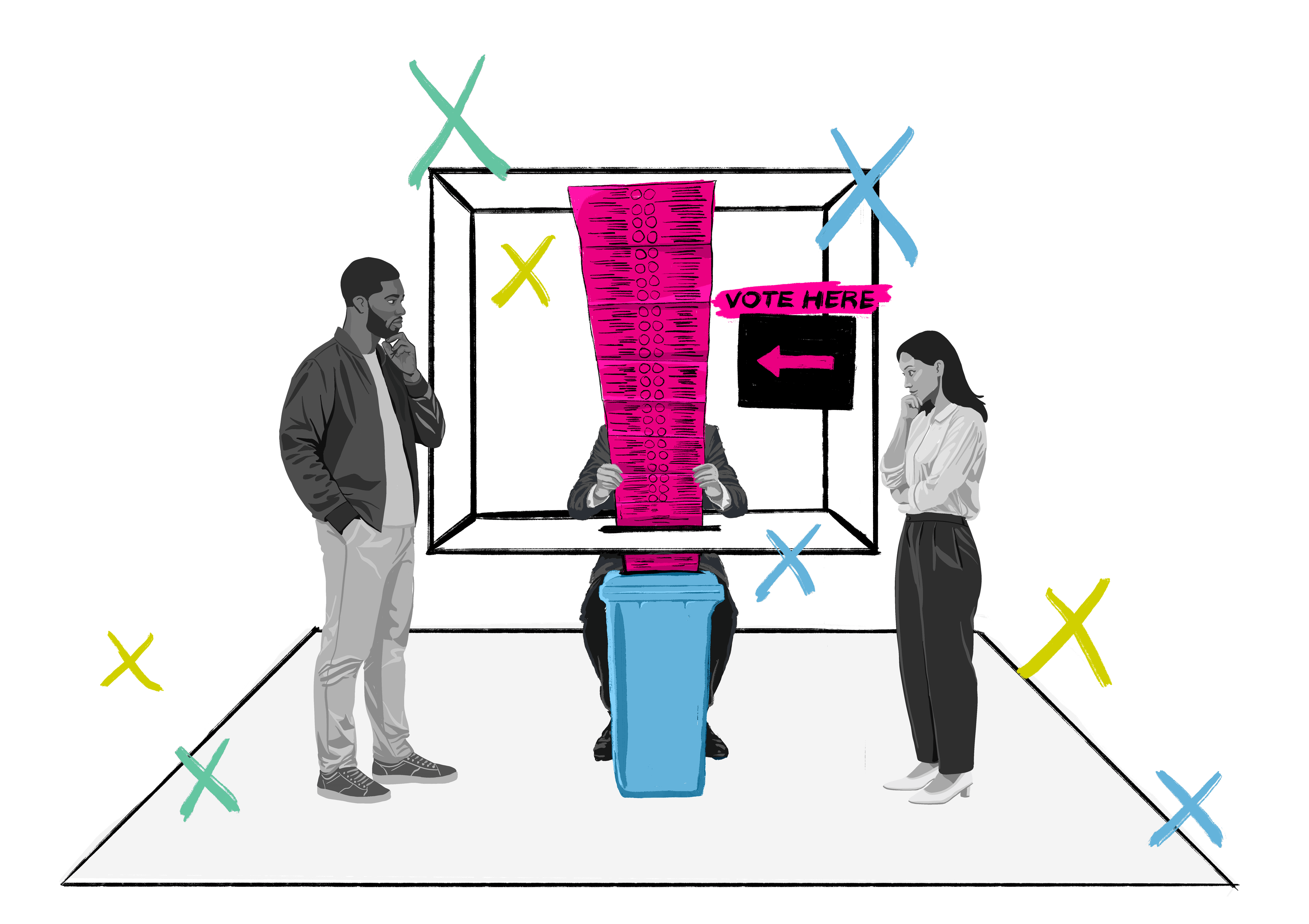 Eine Illustration zeigt drei Personen im Wahllokal, eine davon in einer Wahlkabine.