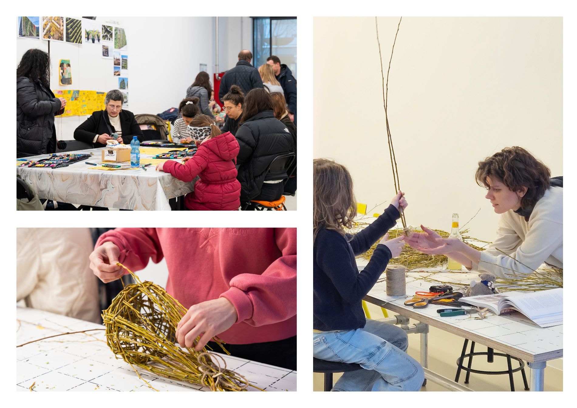 Fotocollage von Menschen, die mit Weiden bauen. 