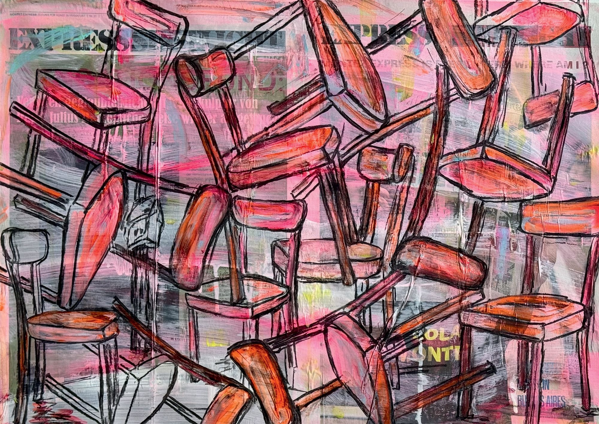 Eine Malerei bestehend aus vielen roten Stühlen