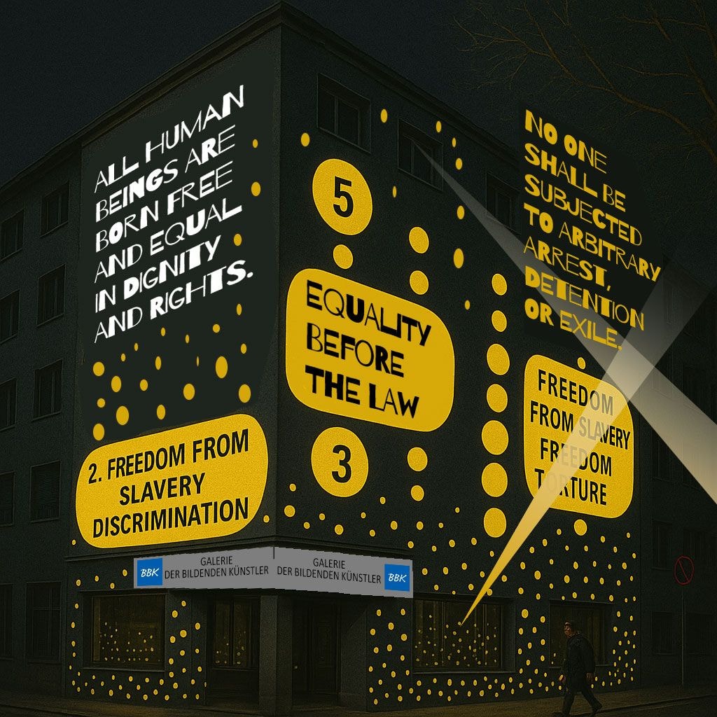 Zu sehen ist ein in der Dunkelheit von Schrift und Licht erleuchtetes Eckhaus.