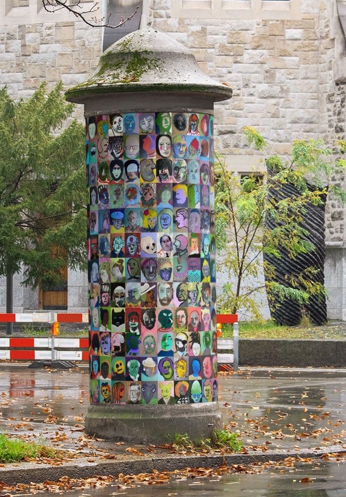 Die Frankfurter Künstsäule zeigt 500 Köpfe von Charlotte Schröner und Andrea Ludwig