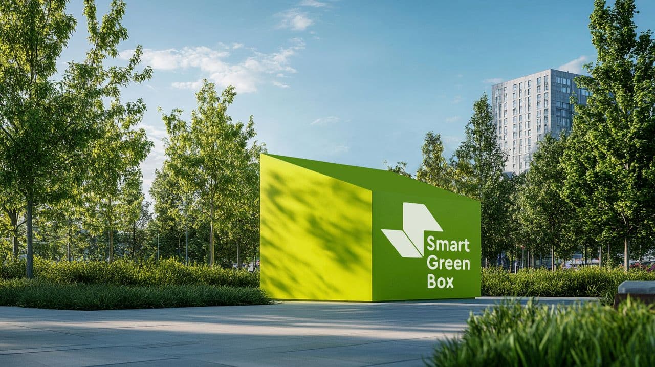 Eine große, grüne Box, die "Smart Green Box", steht auf einem Platz in einem Park.